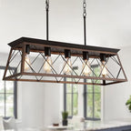 Q&S Farmhouse Rustic Chandelier Light Fixtures Bronze 5 Lights Linear Rectangular Chandelier Pendant Light Fixtures for Dining Room Kitchen Island Pool Bar Office Living Room Entryway UL Listed