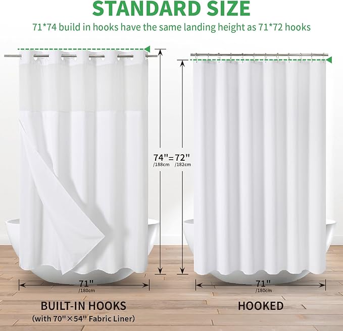 No Hooks Needed Linen Textured Shower Curtain with Snap-in Fabric Liner Set,White Hotel Luxury Decor Shower Curtains for Bathroom with Mesh Top Window,Waterproof & Washable,71Wx74H