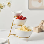 Gomakren 3 Tiered Oval Serving Bowl with Collapsible Metal Rack, Chip and Dip Serving Set, Dessert Appetizer Bowl Set (45oz / 17.5oz / 7oz), White Serving Bowls For Entertaining (Gold Stand)