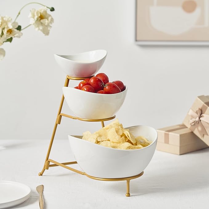 Gomakren 3 Tiered Oval Serving Bowl with Collapsible Metal Rack, Chip and Dip Serving Set, Dessert Appetizer Bowl Set (45oz / 17.5oz / 7oz), White Serving Bowls For Entertaining (Gold Stand)