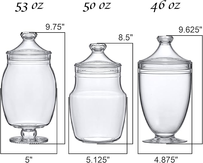 Amazing Abby - Keep - Acrylic Apothecary Jars (3-Piece Set), Plastic Jars with Lids, Bathroom Canisters, Vanity Organizers, Candy Buffet, Wedding Display, BPA-Free and Shatter-Proof (NOT Glass)
