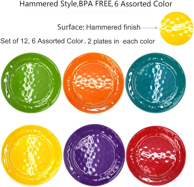 KX-WARE Melamine Plates set -10inch 12pcs 100% Melamine Dinner Plates for Everyday Use, Break-resistant and Lightweight, MultiColor