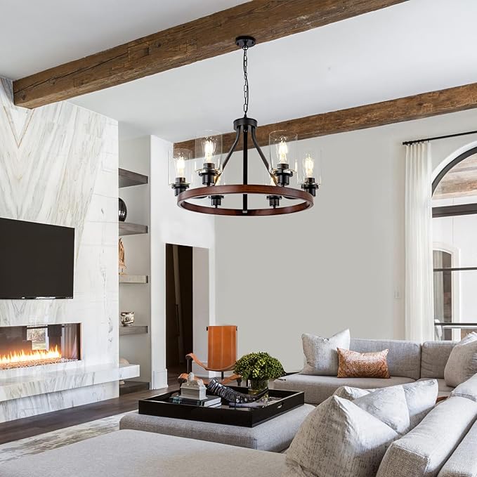 6-Light Farmhose Chandelier for Dining Room Light Fixture Faux Wood Kitchen Pendant Light Round Rustic Ceiling Hanging Lighting with Glass Globes Adjustable Height Metal E26