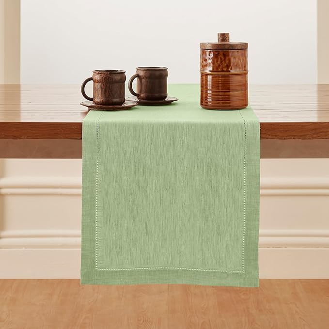 Solino Home Linen Table Runner 48 Inches - 100% Pure Linen Pistachio Hemstitch Table Runner 14 x 48 Inch Ideal for Dresser and Coffee Tables - Milan - Holiday