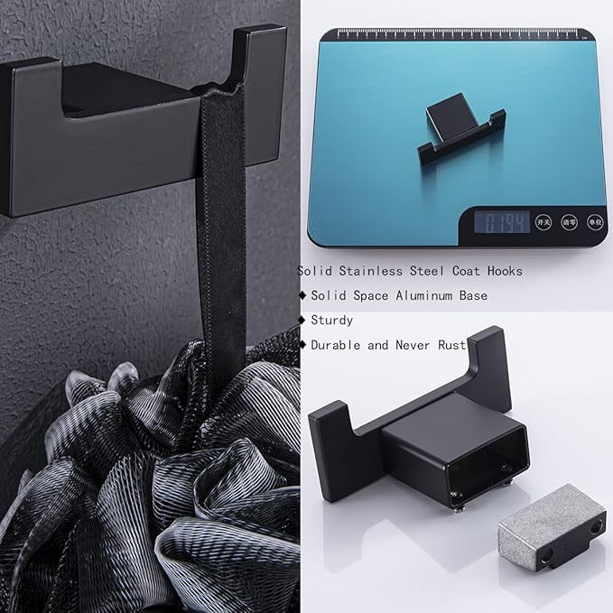 RANDOM Black Double Towel Hook SUS304 Stainless Steel Towel Hooks for Bathroom Wall Mounted Coat Hooks Heavy Duty Wall Hook Square Hand Towel Holder Matte Black Robe Hook.96009-8MB-2