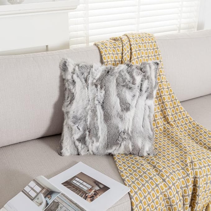 Throw Pillow Covers Fur Rabbit Skin Throw Pillow Covers Fur Sofa Rabbit Hide Pillow Case Cushion Cover (Grey, 45×45cm（18in×18in）)