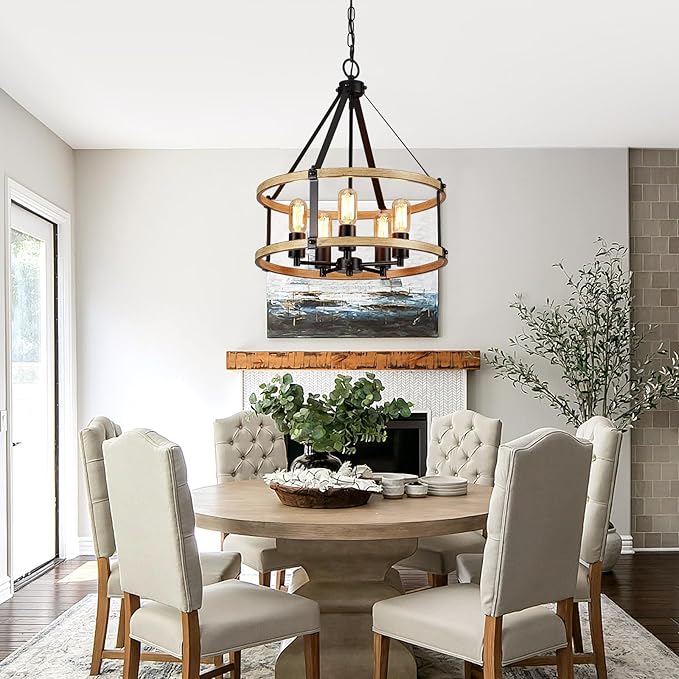 5-Light Farmhouse Chandelier, 17.7 Inch Rustic Black and Vintage Wood Finish Chandeliers for Dining Room Light Fixture, Adjustable Height Hanging Light for Kitchen Island, Entryway, Living Room