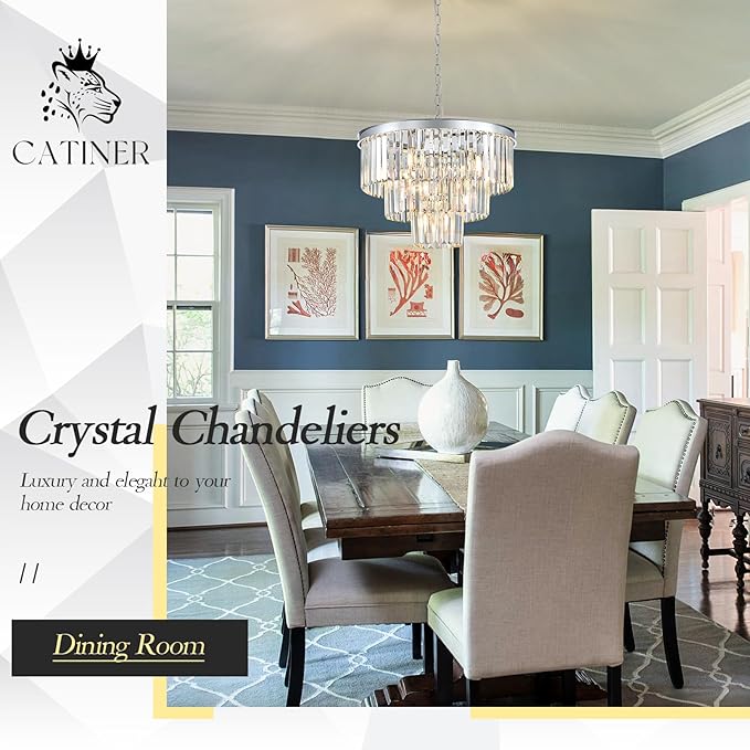 20” Modern Crystal Chandeliers, Chrome Round Chandeliers for Dining Room 3 Tiers 7 Lights Luxury K9 Crystal Ceiling Pendant Light Fixture for Foyer Bedroom Closet