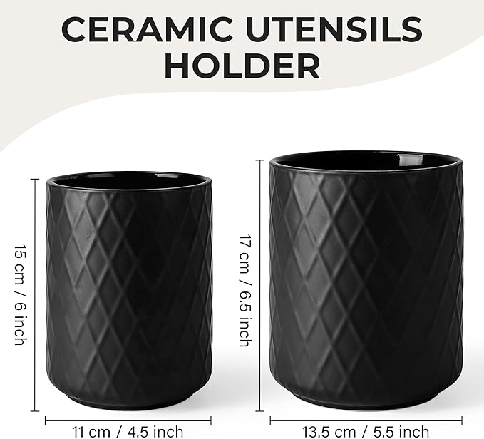 MIAMIO – Kitchen Utensil Holder Ceramic/Kitchen Organizer Set, Farmhouse Decor for Organizing Countertop and Storing Cutlery, Cooking Spoons, and Accessories - Palmanova Collection (Black)