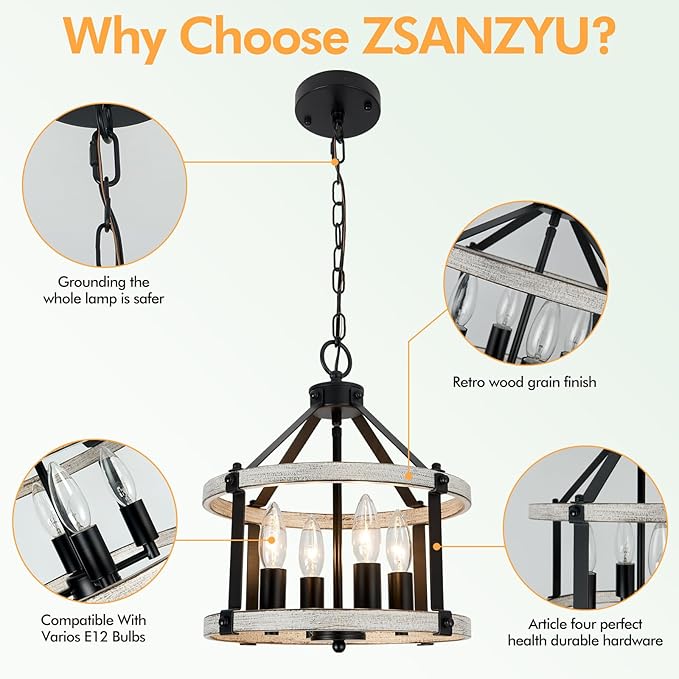 4-Light Farmhouse Chandelier, 12.5 Inch Rustic Black and Vintage Wood Finish Chandeliers for Dining Room Light Fixture, Adjustable Height Hanging Light for Kitchen Island, Entryway, Indoor