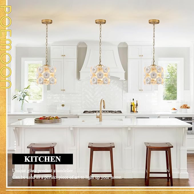 Modern Flower Small Pendant Lighting 2-Pack Gold Glass Pendant Light with White Ceramic Flowers 1-Light for Kitchen Island Sink Dining Room Entryway Hallway, E26