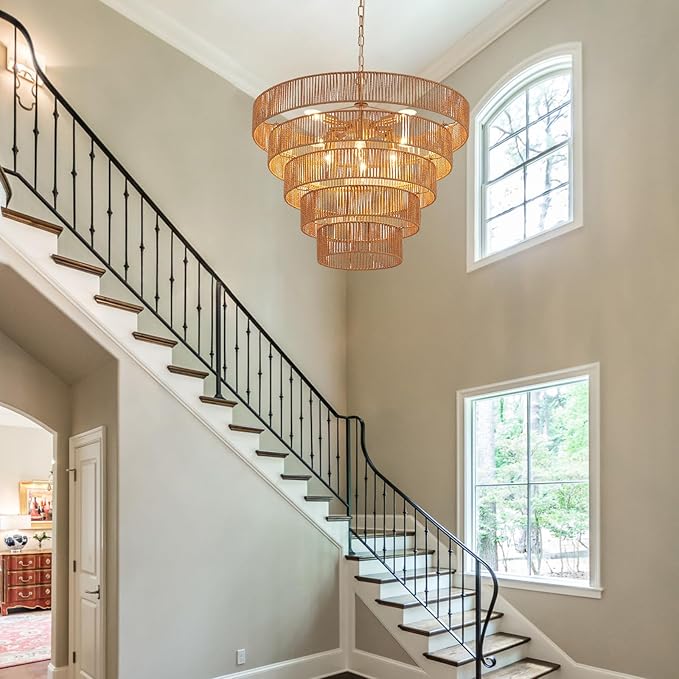 25.6" Large Rattan Chandelier Vintage Farmhouse 8-Lights Boho Hand-Woven Bamboo Chandeliers Light Fixture Drum Wicker Rattan Golden Chandelier for Dining Room, Kitchen, Living Room, Bedroom