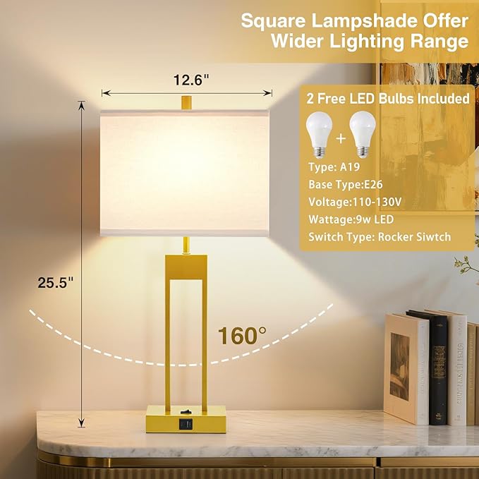 GyroVu 25.5" Nightstand Table Lamps for Bedrooms Set of 2, Bedside Lamp with USB C+A, 3 Colors Changeable Living Room Lamp, Modern Night Stand Lamps for Bed Side Guest Room Reading, Gold+White Shade