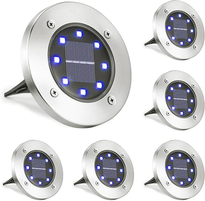 LYHOPE Solar Ground Lights Outdoor, 8 Pack 8 LED Solar Disk Lights Waterproof Garden In-ground Pathway Light Landscape Lighting for Lawn,Yard,Deck,Patio,Walkway (Blue)