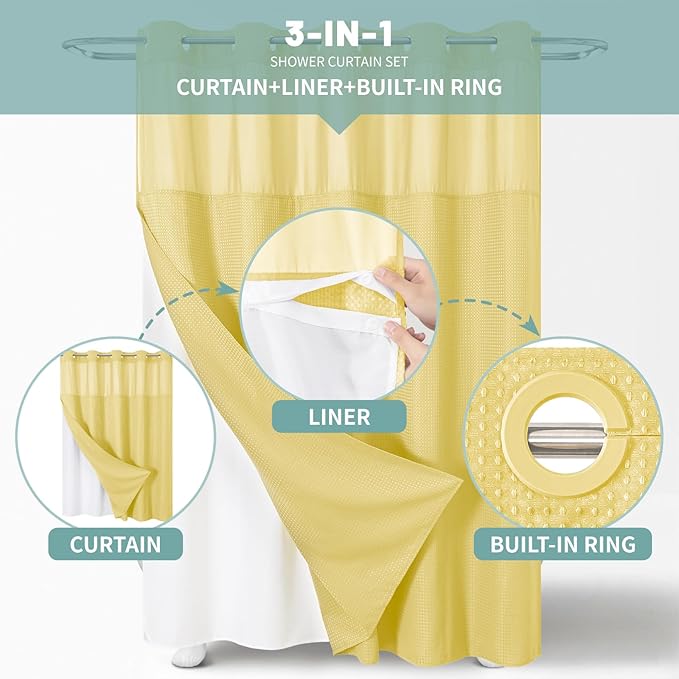 Yellow No Hook Waffle Weave Shower Curtain with snap-in Liner Replacement, 230GSM Waterproof Fabric Hotel Shower Curtain Set for Bathroom, Through Mesh Top Window,71Wx86H
