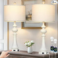 28" Farmhouse Table Lamps Set of 2, Vintage Bedside Lamps with USB A+C Charging Ports & AC Outlet, 3-Way Dimmable Touch Control Nightstand Lamp for Living Room Bedroom Wash White(2 LED Bulbs Included)
