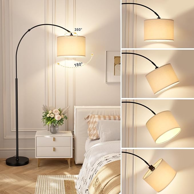 Ambimall 70' Dimmable Arc Floor Lamp with Remote, Color Temperatures and Brightness Adjustable, Arched Floor Lamp with Rotating Head, Over Couch Arched Light for Living Room (Deep Beige and Black)
