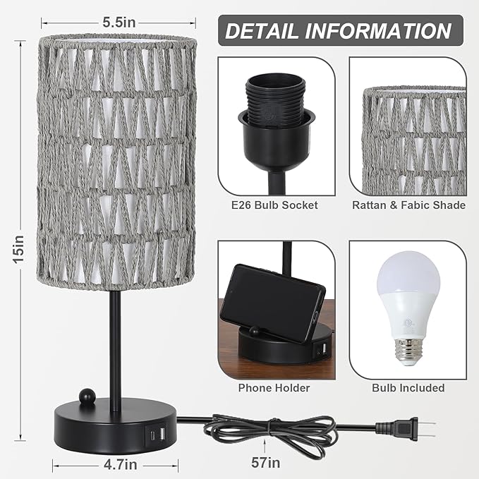 Gray Bedside Lamps Set of 2, Touch Control Night Stand Lamp for Bedroom with Rattan & Linen Shade & Bulbs, 3 Way Dimmable Small Boho Table Lamps with USB Charging Port & Phone Stand