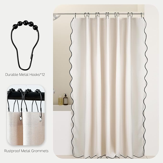 Beige Short Scalloped Shower Curtain 60'' Linen Textured Shower Curtain Sets with 12 Metal Hooks Cute Heavy Duty Washable Waterproof Neutral Curtain for Bathroom