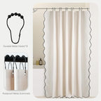 Beige Scalloped Edge Shower Curtain Linen Textured with 12 Metal Hooks Cute Heavy Duty Washable Waterproof Neutral Thick Extra Long Chic Shower Curtain Sets for Hotel Bathroom 72x84 inches