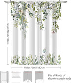 Eucalyptus Shower Curtain, Green Watercolor Leaves with Floral Botanical Bathroom Decor, Waterproof Fabric Bath Curtain Set with Hooks, 72x78 Inches