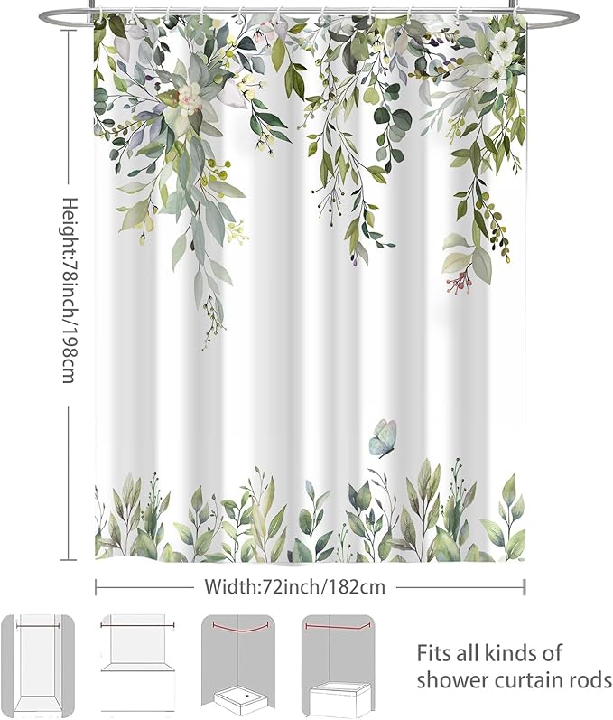 Eucalyptus Shower Curtain, Green Watercolor Leaves with Floral Botanical Bathroom Decor, Waterproof Fabric Bath Curtain Set with Hooks, 72x78 Inches