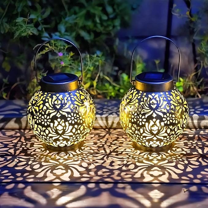Outdoor Solar Hanging Lantern Lights Metal LED Decorative Lamp for Garden Patio Courtyard Lawn and Table with Hollowed-Out Design (Antique Bronze)