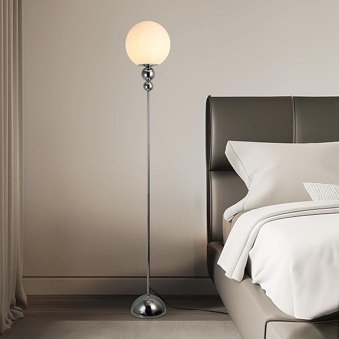Modern Glass Floor Lamp for Bedroom, 63'' Vintage Mid-Century Floor Lamp with Milky White Frosted Glass Globe Shade for Living Room Corner, Slim Standing Reading Lamp for Office Decor (Chrome)