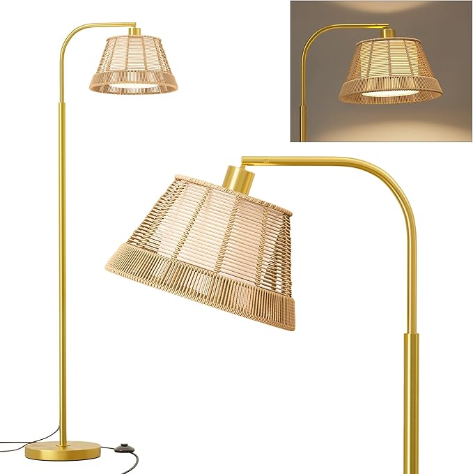 Oneach Arc Floor Lamp for Living Room,Rattan Boho Floor Lamp with Hand-Woven Wicker Shade, Gold Metal Base & Pole,Foot Switch,Farmhouse Standing Lamps for Bedroom Corner,Reading