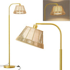 Oneach Arc Floor Lamp for Living Room,Rattan Boho Floor Lamp with Hand-Woven Wicker Shade, Gold Metal Base & Pole,Foot Switch,Farmhouse Standing Lamps for Bedroom Corner,Reading