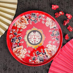 Cabilock Serving Platter Chinese Food Tray Red Wedding Serving Tray Fruit Plate Fruit Snack Storage Holder for Home Kitchen and Wedding Snack Round 13X2. 9inch Chinese Candy Boxes