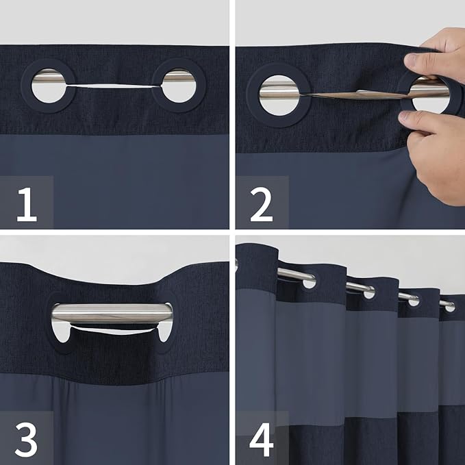 Extra Long No Hooks Needed Linen Textured Shower Curtain with Snap-in Fabric Liner Set,White Hotel Luxury Decor Shower Curtains for Bathroom,Waterproof & Washable,71Wx86H,Navy Blue