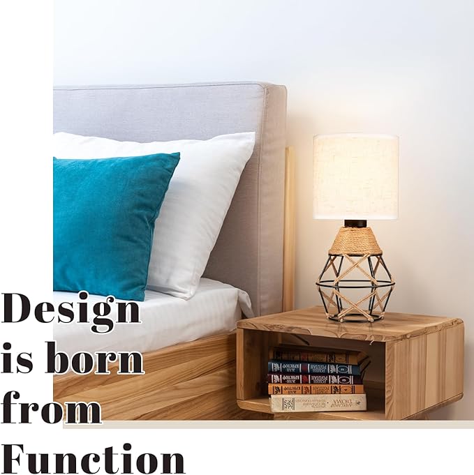 Hamilyeah Boho Table Lamps, Woven Table Lamp for Nightstand with On/Off Switch, Farmhouse Beside Lamp for Bedroom, Industrial Table Lamp for Living Room