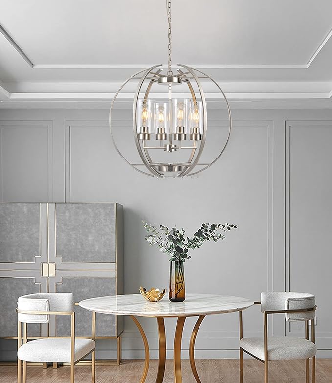 Brushed Nickel Chandelier Globe 24" Dining Room Lighting Fixtures Ceiling Hanging Pendant Lighting with Clear Glass Shades Modern Farmhouse Chandeliers for Foyer Bedroom Kitchen Living E26