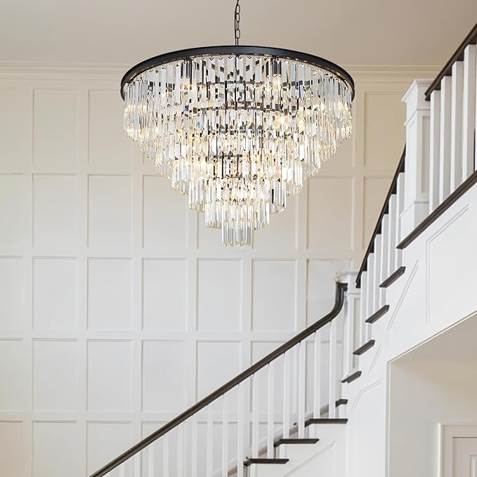 Large Crystal Chandeliers for High Ceiling, 7-Tier Modern Black Top K9 Dining Room Chandelier 17 Lights Luxury Round Ceiling Pendant Light Fixture for Living Room Entryway Staircase Foyer