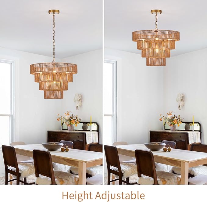 Boho Rattan Chandelier Farmhouse 6-Lights Hand-Woven Bamboo Chandelier Light Fixture Vintage Rustic Wicker Rattan Golden Chandeliers for Dining Room, Bedroom, Kitchen, Living Room, E12