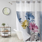 Muuyi Mixed Color Watercolor Floral Shower Curtain,No Hook Shower Curtain,Polyester Shower Curtains with Snap in Fabric,Sheer Top Window for Bathroom Decor,Waterproof & Washable,72W x 75L Inch