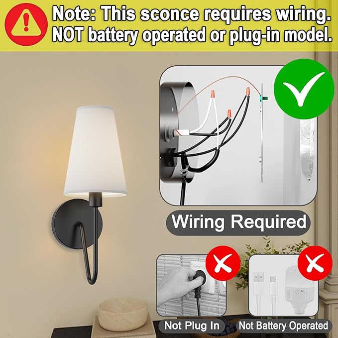 Electro bp;Single Head Classic 1 Light Wall Sconce Lighting Fixture Black with Cream White Linen Fabric Lamp Shades E12 40W Hardwired (Set of 2);