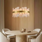 Alabaster Round Chandelier, D24 Inch Natural Spanish Marble Stone Texture Chandeliers, Dimmable Dining Room Chandelier over Table, Modern Luxury Lighting for Living Room, Bedroom, Entryway, Foyer