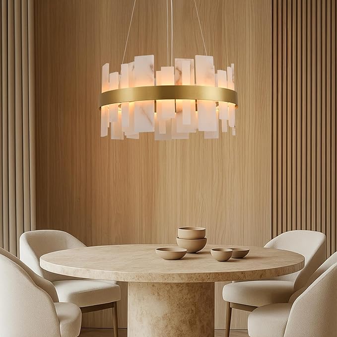 Alabaster Round Chandelier, D24 Inch Natural Spanish Marble Stone Texture Chandeliers, Dimmable Dining Room Chandelier over Table, Modern Luxury Lighting for Living Room, Bedroom, Entryway, Foyer