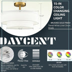 DAYCENT Modern Gold Semi Flush Mount Ceiling Light with Drum Shade 3000K/4500K/5500K LED Flush Mount Drum Lamp Brass Ceiling Light Fixtures for Hallway Bedroom Kitchen Living Room, 30W