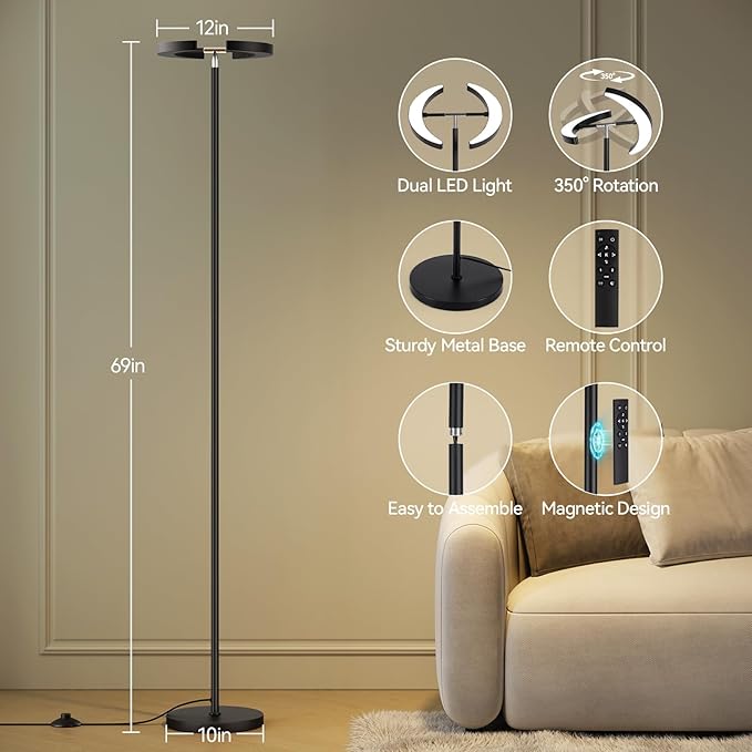 SUNMORY Floor Lamps for Living Room, 28W Bright LED Floor Lamp with 2 Rotatable Lights & Remote Control, 74" Dimmable Tall Standing Lamp, Modern Reading Torchiere Corner Lamp for Bedroom Office, Black