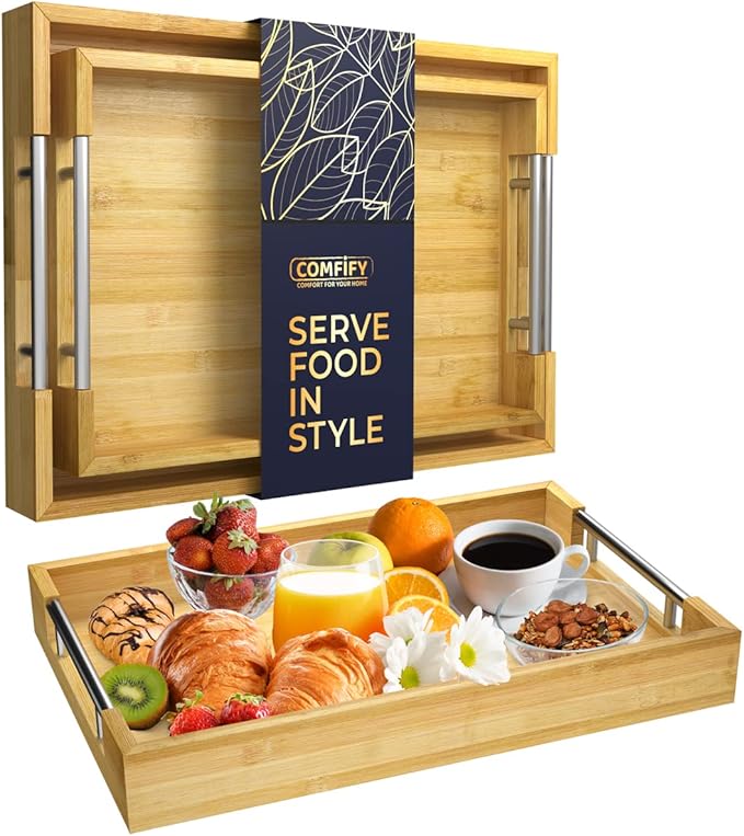 Set of 2 Decorative Serving Trays - Bamboo + Silver Stainless Steel Handles - Coffee Table or Ottoman Tray for Breakfast in Bed Jewelry, Decor Organization - 12"x17" - Pure Bamboo Finish
