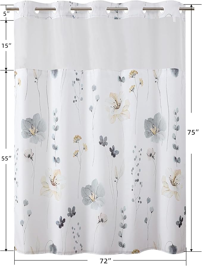 QiyI Flower Shower Curtain with Snap in Fabric Liner, Grey Watercolor Floral Cloth Bath Curtains, No Hook Shower Curtains with Mesh Top Window, Fabric Waterproof Bathroom Curtain Set, 72 x 75 Inch