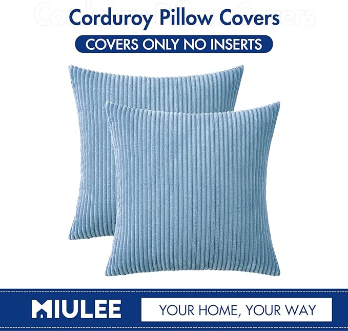 MIULEE Winter Pack of 2 Corduroy Pillow Covers Soft Soild Cushion Cases Decorative Square Throw Pillow Covers Baby Boy Blue Pillowcases for Sofa Bedroom Car 18 x 18 Inch 45 x 45 Cm