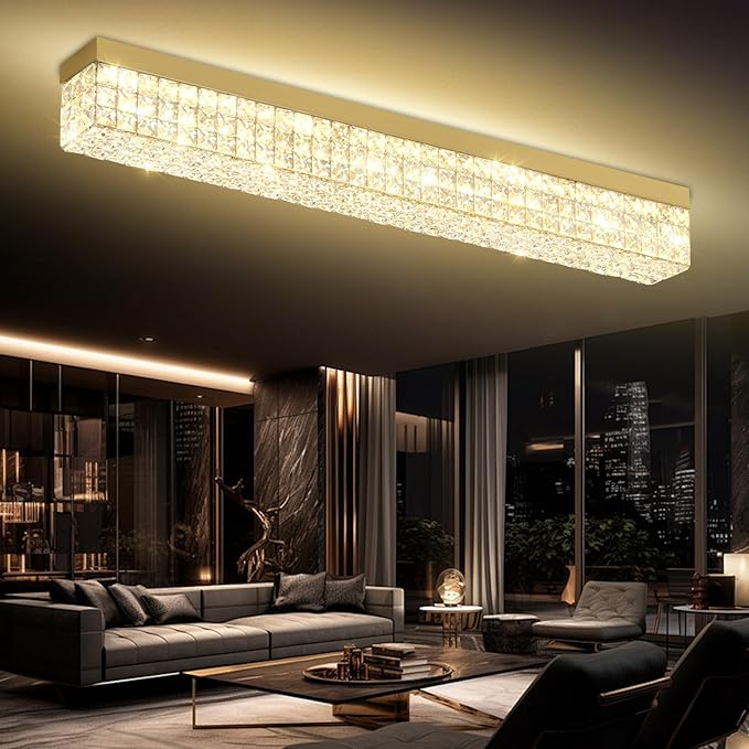 L 40" Modern Rectangle Chandelier Gold Rectangular Flush Mount Chandelier Crystal Ceiling Light Fixture for Dining Living Room Kitchen Island