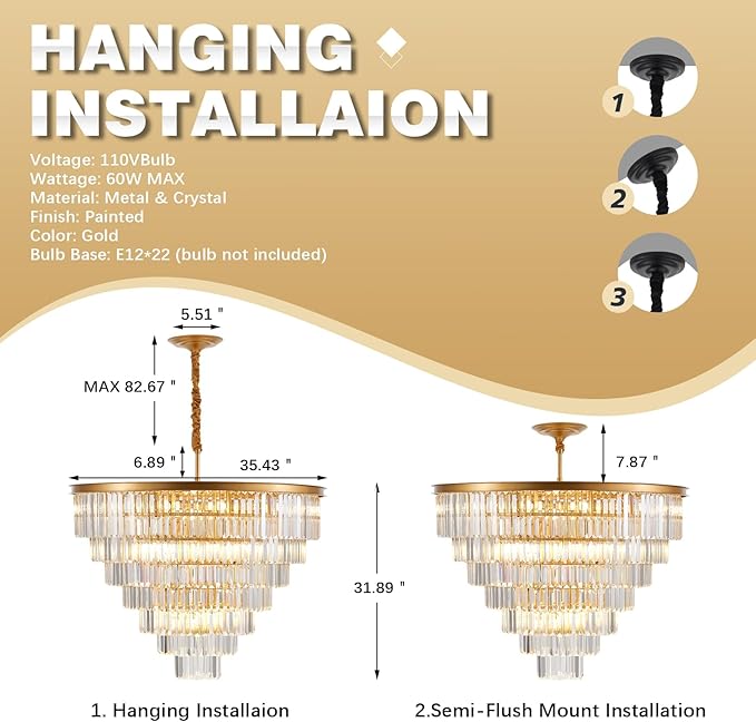 7-Tiers 22 Lights Gold Crystal Chandelier Luxury 35.46" Modern Contemporary Crystal Pendant Ceiling Lighting Crystals Light Fixture for Living Room Hotel Lobby Restaurant Foyer High Ceiling