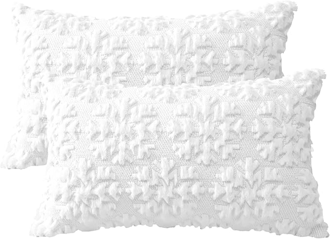 OTOSTAR Set of 2 Xmas Soft Plush Short Wool Velvet Decorative Throw Pillow Covers Rectangular Luxury Style Cushion Case Pillow Shell for Sofa Bedroom Snowflake White, 12x20 Inch