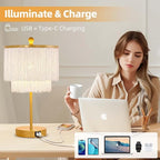 Boho Lamp for Bedroom, 3-Way Dimmable Bedside Touch Lamp with USB Charging Port, Gold Table Lamp, Fringe Boho Table Lamp for Living Room, Teens Room, Dresser, Nightstand, LED Bulb Included