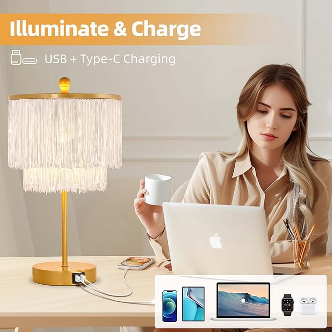 Boho Lamp for Bedroom, 3-Way Dimmable Bedside Touch Lamp with USB Charging Port, Gold Table Lamp, Fringe Boho Table Lamp for Living Room, Teens Room, Dresser, Nightstand, LED Bulb Included